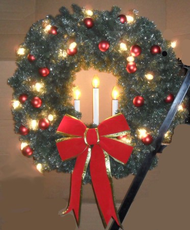 P-332 Tri-Candle Wreath with C-9 Warm White LED lamps and Metallic Ornaments