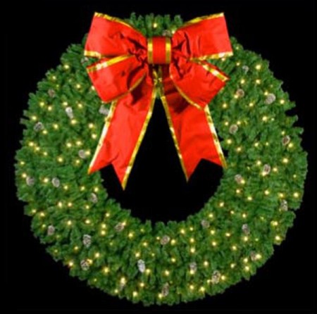 12' 3-D Mountain Pine Wreath with 60" Nylon Red Bow w/Gold Trim 